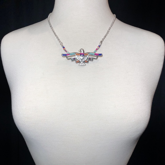 Tribal Eagle Thunderbird Pink Orange Blue Beaded Silver Necklace Earrings Set - Picture 2 of 3